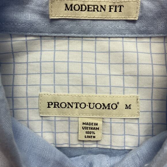 Pronto Uomo 100% Linen Shirt Mens M Blue Modern Fit Short Sleeve Button Up - Picture 3 of 6